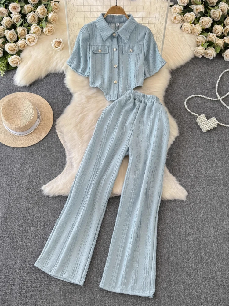 

2025 Summer New Matching Sets Turn Down Collar Irregular Crop Tops+high Waist Pants Solid Color Fashion Simple Women's Clothing