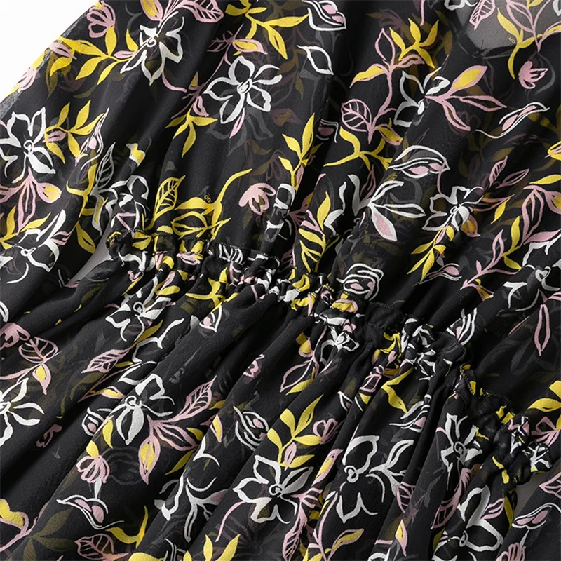ผู้หญิงผ้าไหม 100% ผ้าไหมหม่อนดอกไม้สีดําพิมพ์โปร่งใส Ruffles เอวสูง V คอโคมไฟแขนยาวชุด M1395