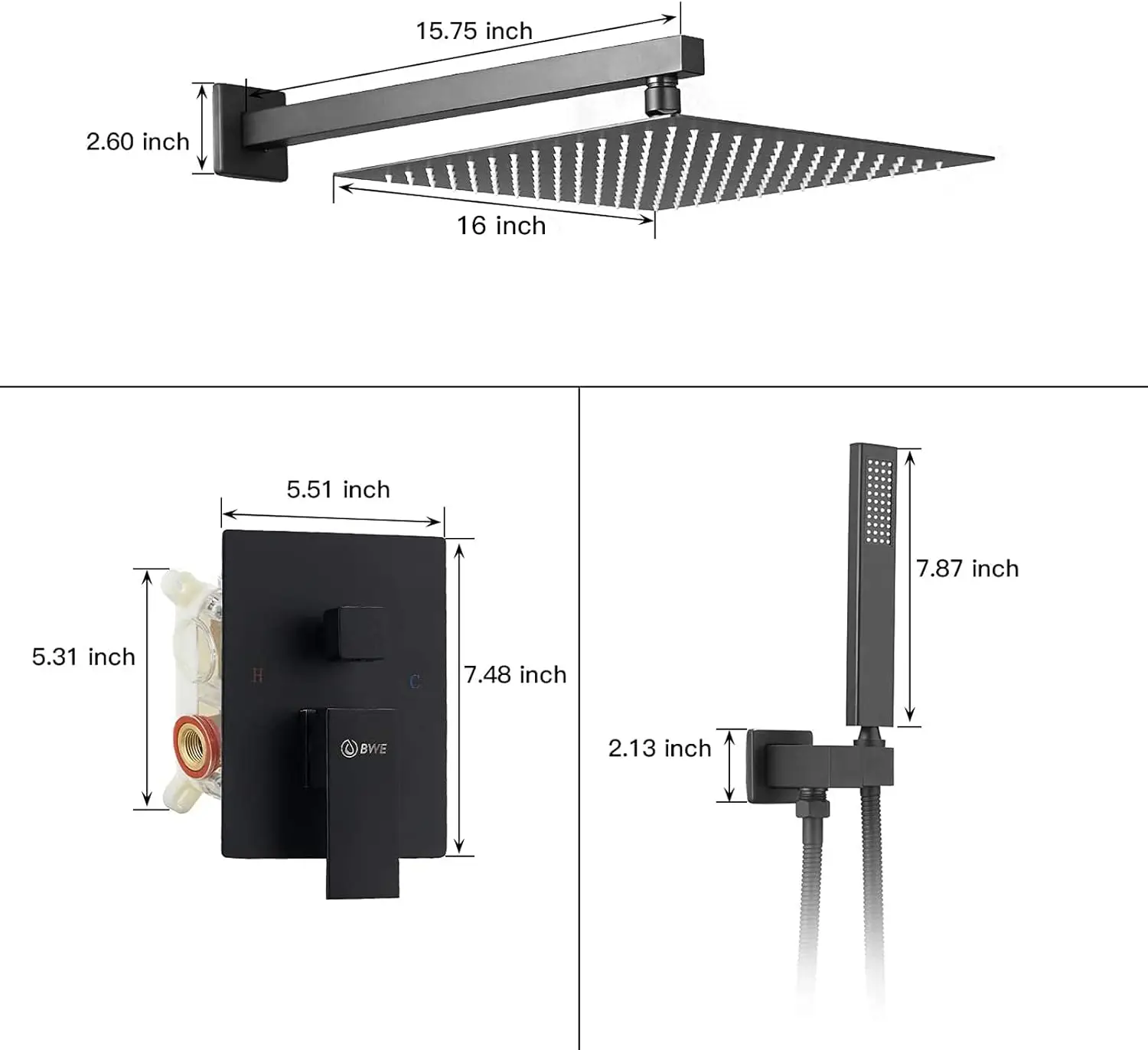 Black Shower Faucet 16 Inch Square Luxury Rain Mixer Shower System Sets Complete 2-Functions Pressure Balancing