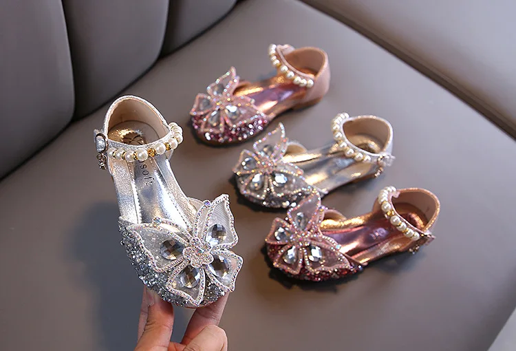 Girls Leather shoes andals Fashion Sequins Rhinestone Bow Girls Princess Shoes Baby Girl Shoes Flat Heel Sandals Large size