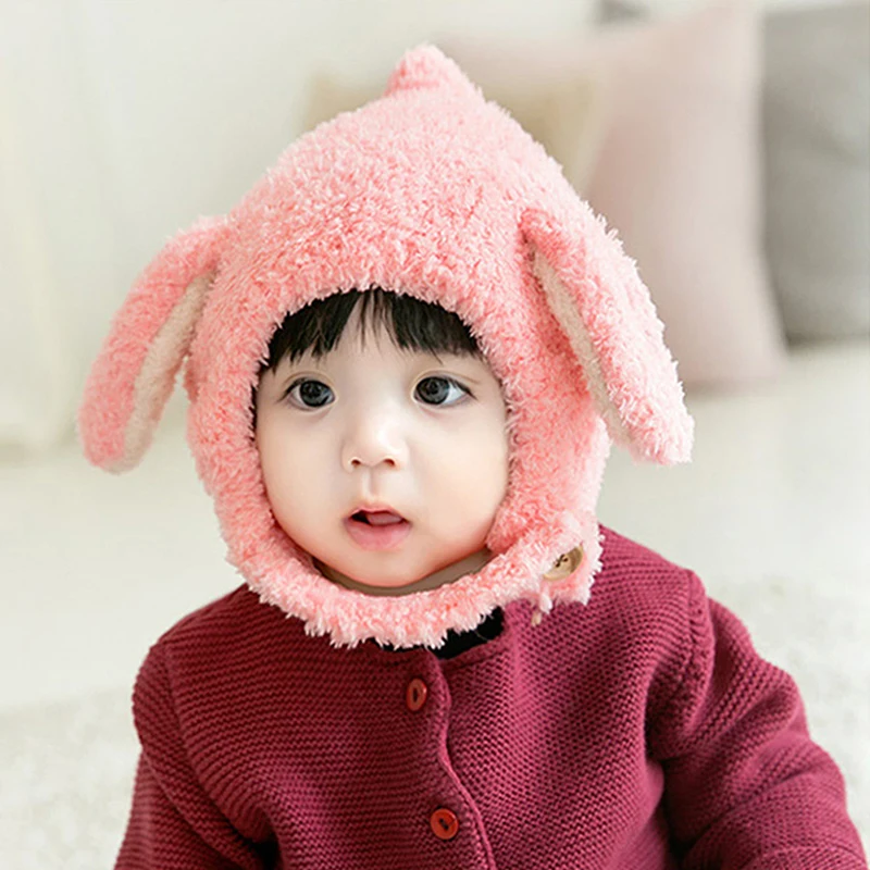 Cute Baby Hat Autumn Winter Rabbit Ears Soft Plush Warm Cap Kids Beanies Solid Color Earflap Hat Bonnet