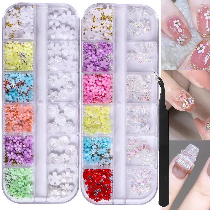 Nail Charms Butterfly 3D Nails art Decoration Crafts DIY Flatbacks Flower Nails Gems with pickup tools for Manicure Saloon