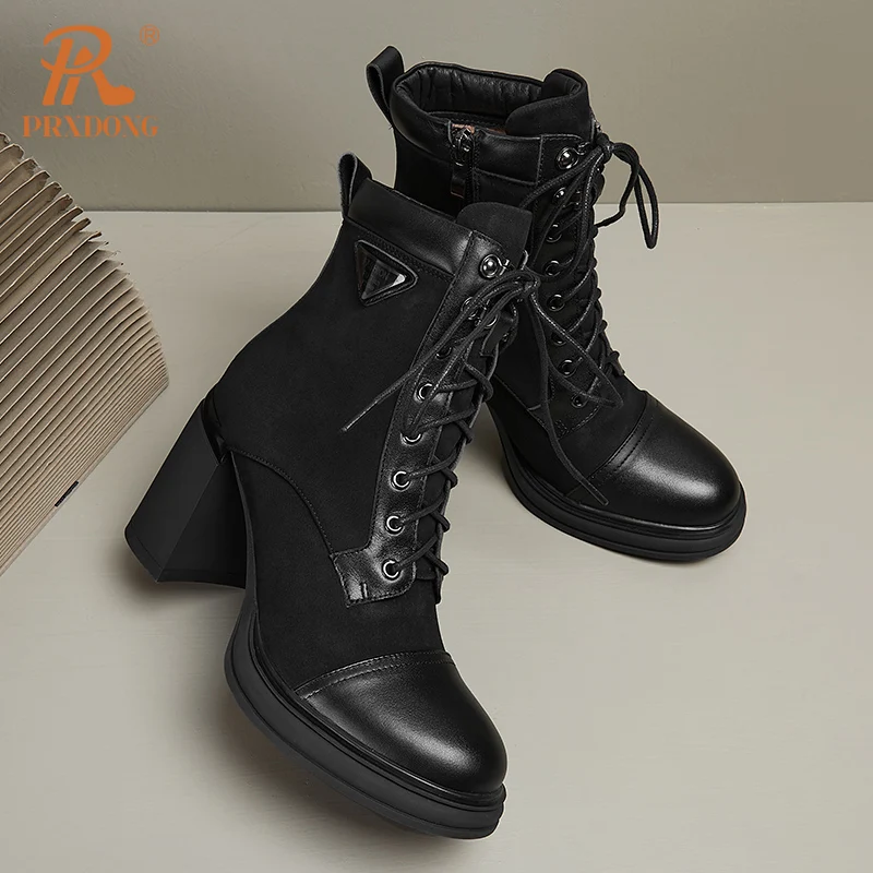 PRXDONG 2023 New Brand Autumn Winter Warm Ankle Boots Shoes Chunky High Heels Lace Up Dress Party Work Female Riding Boots 34-40