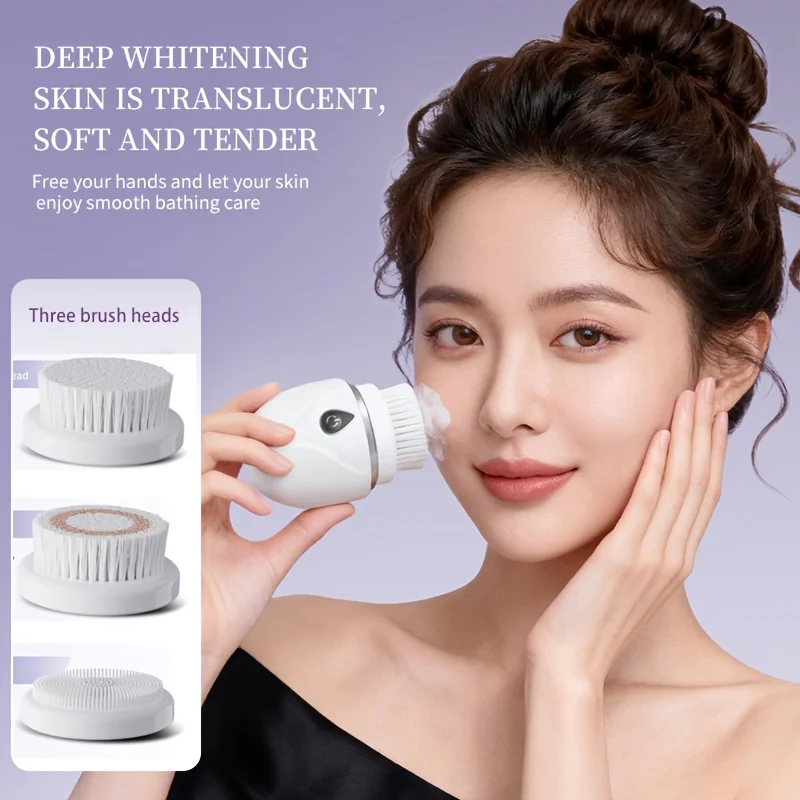 Escova de Limpeza Facial Elétrica, Limpador Facial Sônico com 3 Cabeçotes, Ferramenta de Massagem Facial com Cerdas Macias PBT