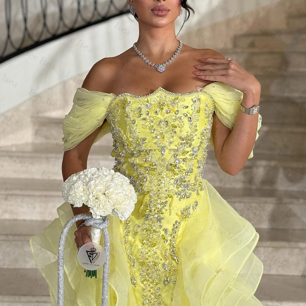 Abito da sera in cristallo dell'Arabia Saudita a sirena con spalle scoperte e perline, senza spalline, personalizzato, فستان و