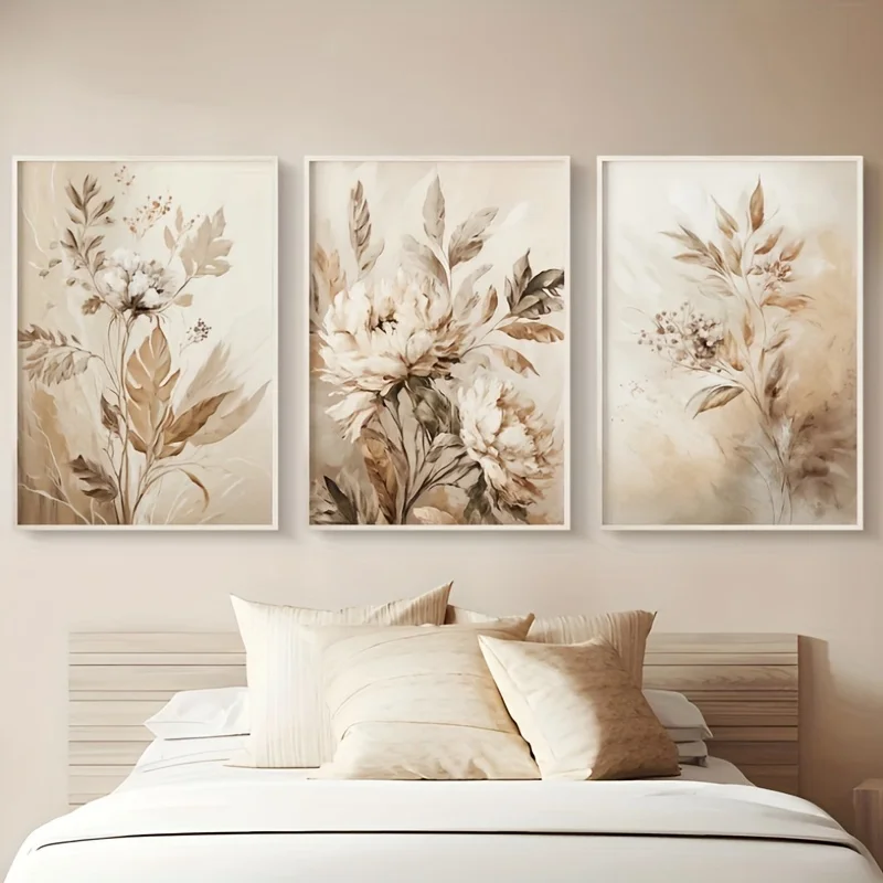 (3PCS Unframe)3pcs Beige Floral Wall Art Botanical Print Posters Living Room Decor Floral Canvas Poster Botanical Wall Prints Ho
