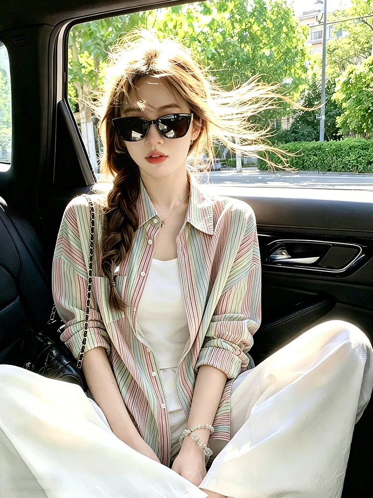 Women's Summer New Style Striped Casual Lightweight Shirt Coat Breathable Korean Style Outerwear with Strap Sun Protection