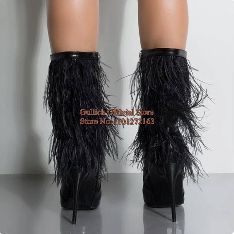 أحذية بيضاء من الريش بمقدمة مدببة وكعب ستيليتو من الجلد باللون الأسود والأبيض وسحاب جانبي أحذية حديثة لمنتصف الساق