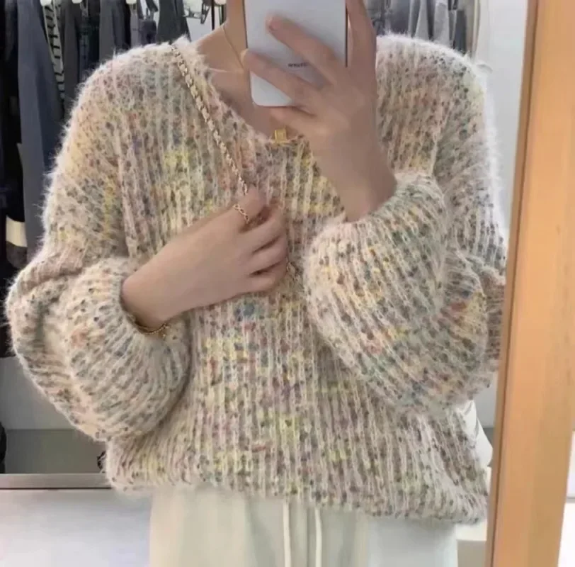 Neploe Autumn Winter Gentle Colour Dot Lazy Sweater Female V-neck Long Sleeve Tops Women 2024 New All-match Knitted Pullover