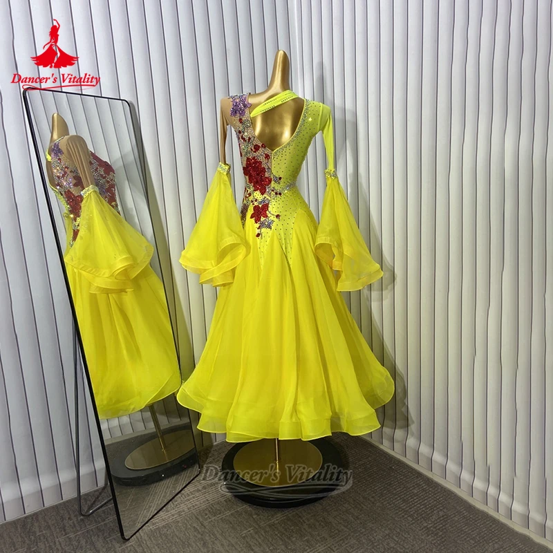 Women Ballroom Dance Long Sleeve Flower Pattern Yellow Big Swing Dresses Customize Dancer's Vitality Adult Waltz Perform Costume