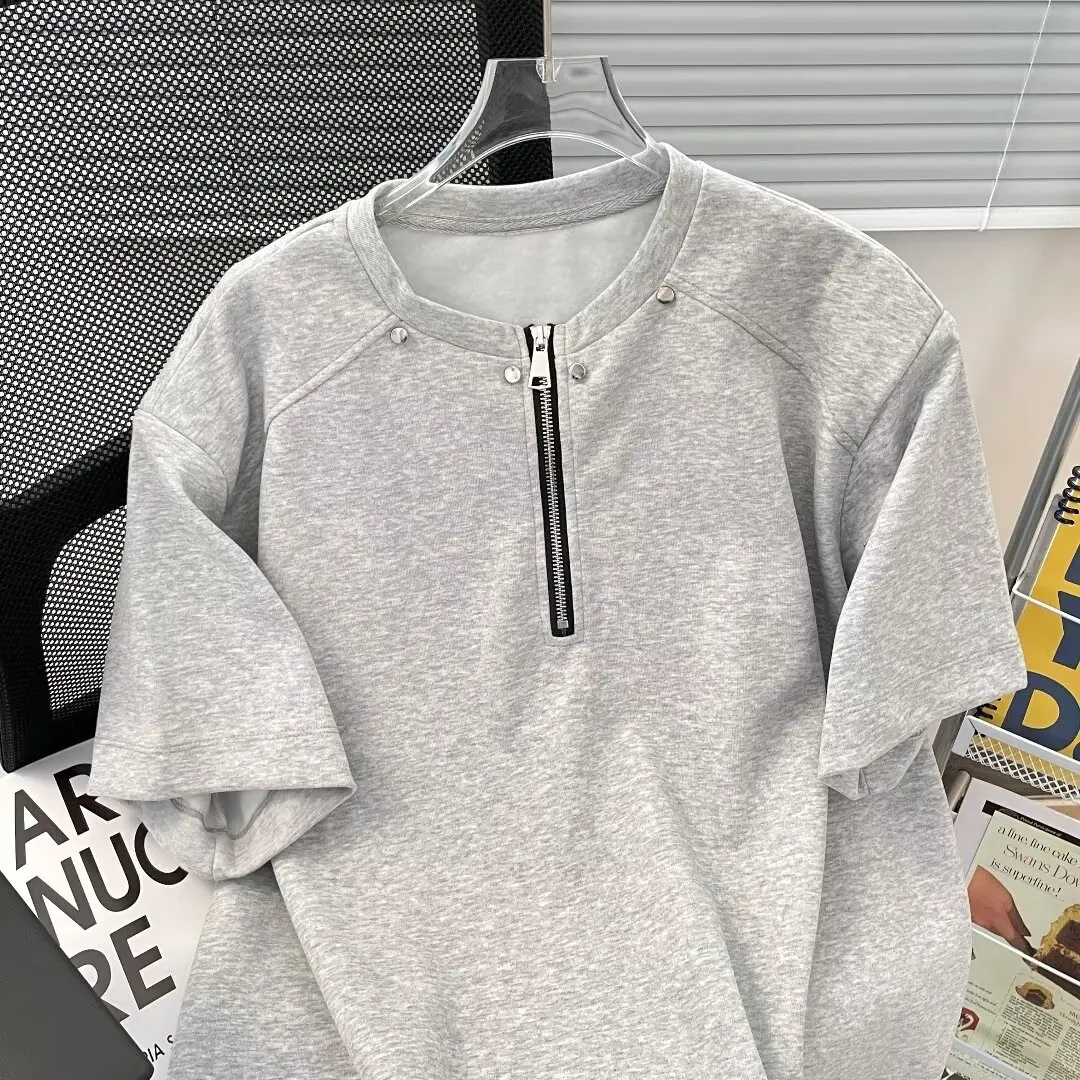 Trendy Brand Men's ort Sve T-irt Zipper Design American High Street Loose Rivet round Ne f Zipper Summer New Arrival