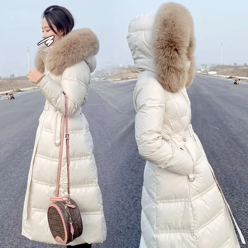 High grade Fox fur Hooded Women\'s Jacket 2023 Winter New White Duck down Slim Long Coats Female Thicken Snow Parka Overcoat