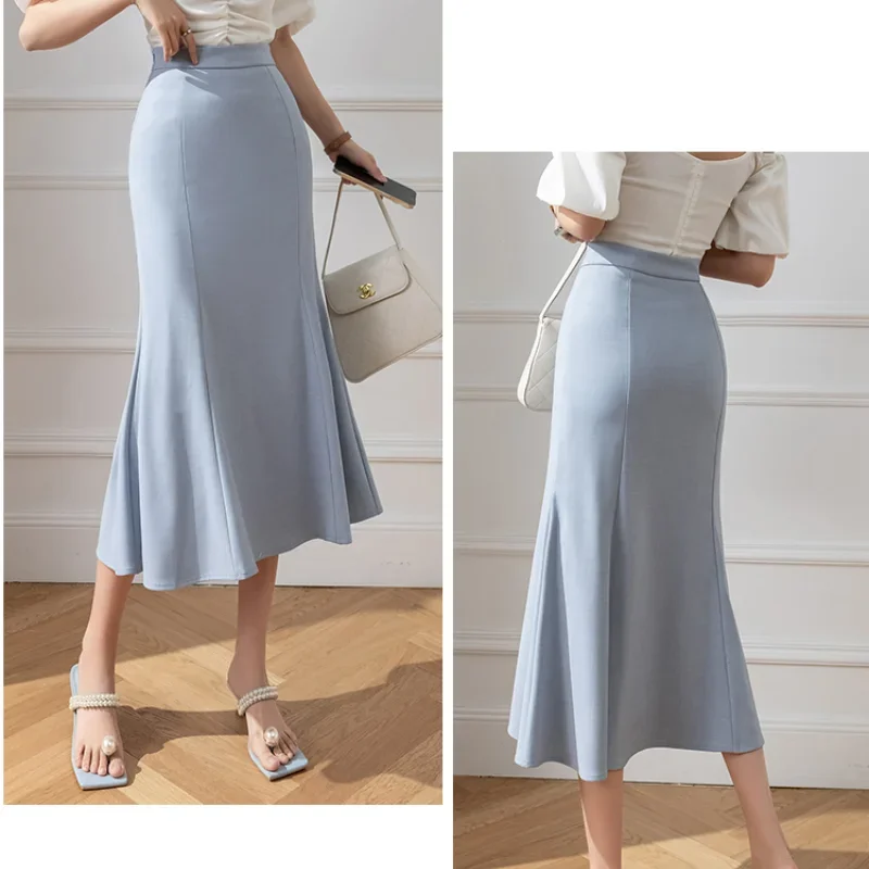 2024 New Spring Summer Women Mid-length Skirts Korean Elegant High Waist Female Skirt Ladies Pink Fashion Mermaid Skirt