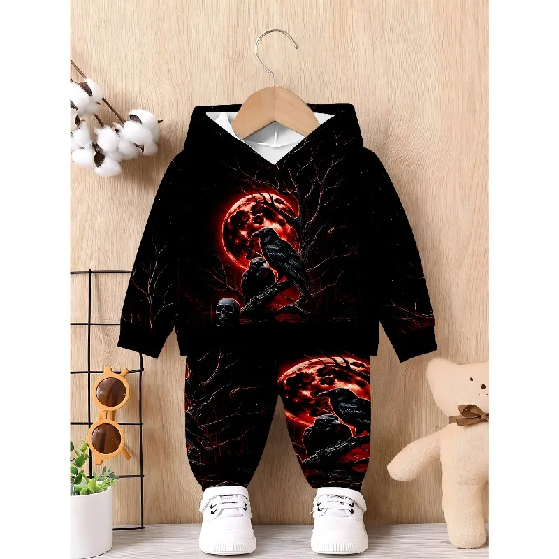 Kids Hoodie Jogger: Blood Moon Crow Graphic, Mixed Wildflower Print, Red Golden Ornate Pattern Tracksuit
