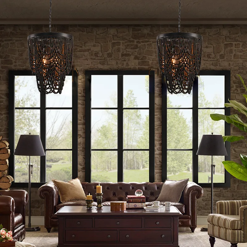 American Country Pendant Lights Hand Carving Wooden Bead LED Chandeliers Living Room Bedroom Homestay Atmosphere Adorn Fixtures