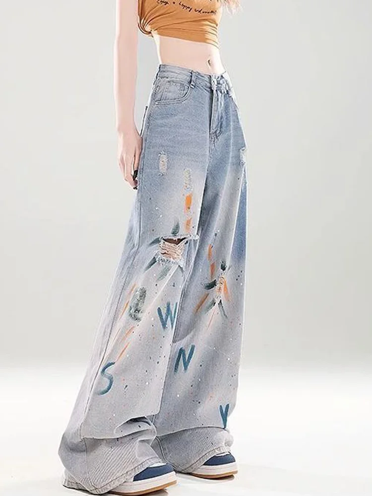 Hole Painted Vintage Jeans Women High Waist Streetwear American Hip Hop Denim Pants Loose Retro Female Pockets Print Trousers