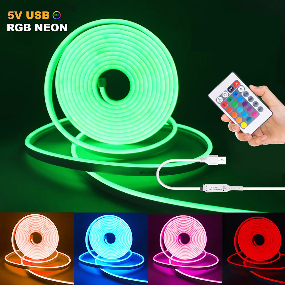 접착 리모컨 포함 USB RGB LED 네온 스트립 조명, 24 키 RGB 키트, 홈 장식, 108LED 유연한 테이프, 6x12mm, 1m, 2m, 3m, 4m, 5V