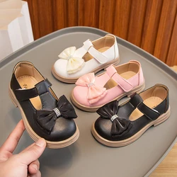 Children Casual Shoes Versatile Bow Rhinestones Cute Girls Leather Shoes White UK Uniform School  Korean Style Kids Shoes