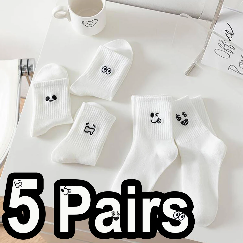

5 пар милых женских носков средней длины с интересным выражением и принтом, модные простые мягкие удобные всесезонные повседневные носки