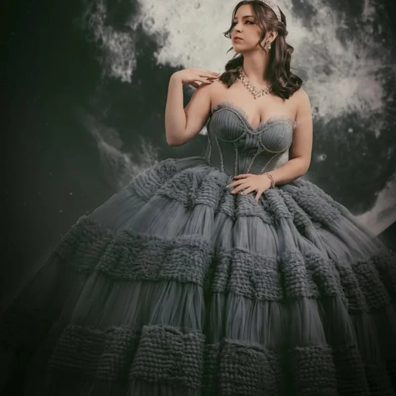 

grey Quinceanera Dress off-shoulder lace decal Long tail vestidos de 15 Quinceanera ﻿Customize