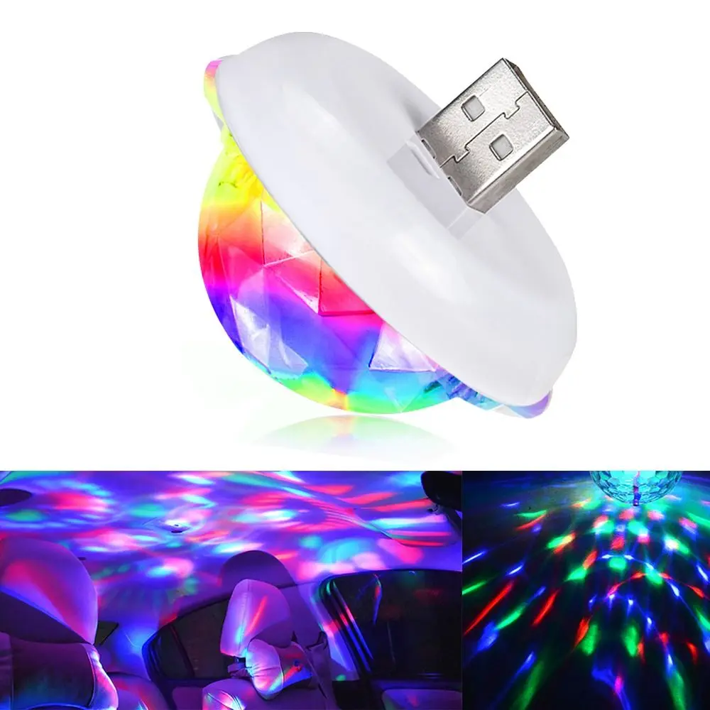 Mini Colorful Car USB Ambient Light DJ RGB Music Sound Ball Laser Light 5V Interface Voice Control LED Magic ball light