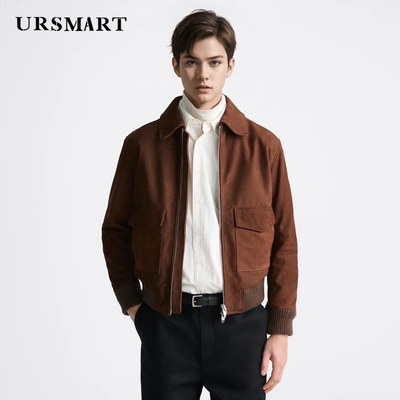 

Cowhide jacket men's business casual brown fashion 2024 new product high-quality custom suede leather lapel jacket men's