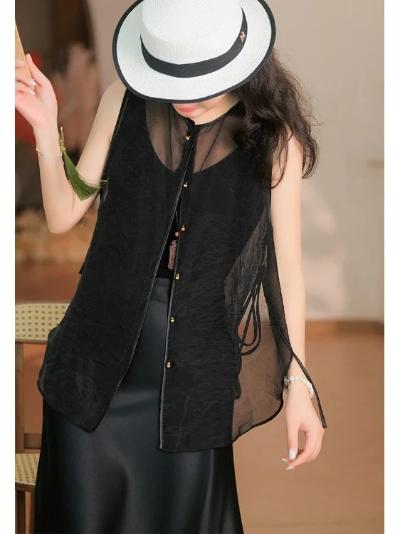 New Chinese Style Loose Sleeveless Vest Women's Summer round Neck Elegant Outer Cardigan Tagless Versatile Ladies' Jacket