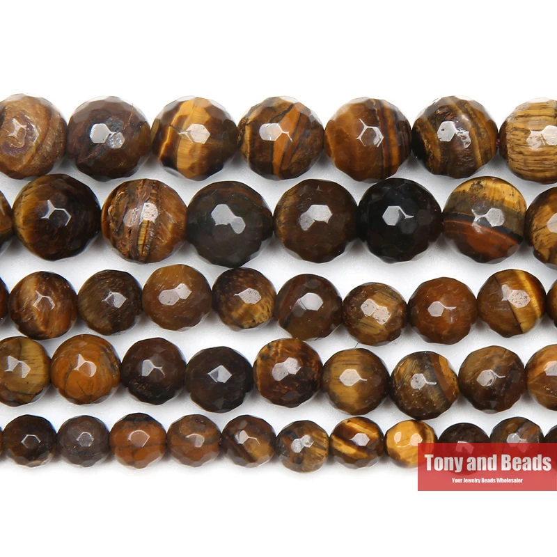 Natural Stone Faceted Brown Gold Color Tiger Eye Agate Round Beads 15\