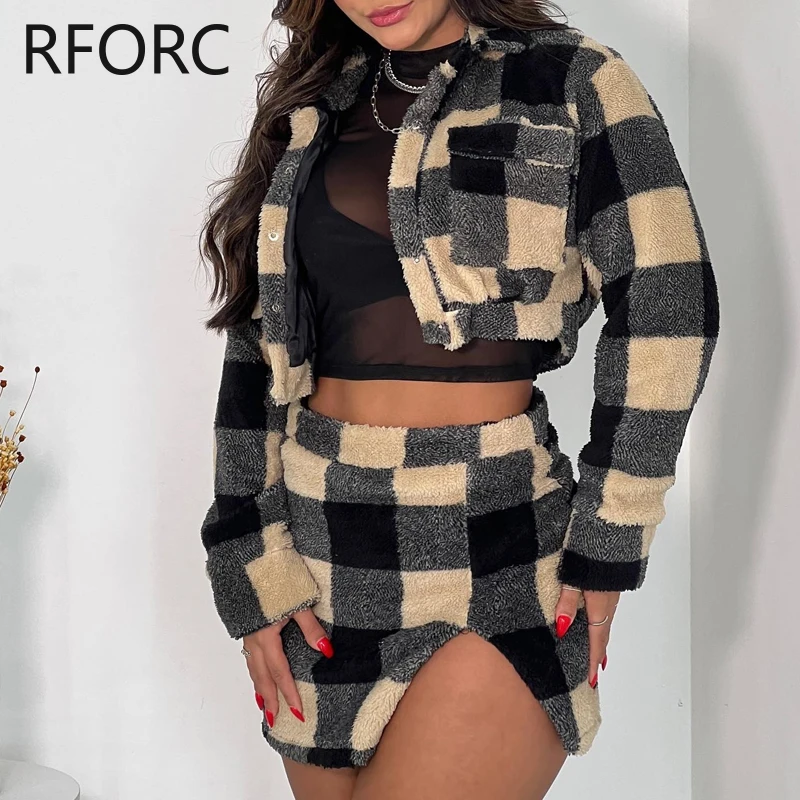 2023 Women Plaid Pattern Short Jacket Top & Silt Skirts Pockets Winter Two Pieces Skirt Set