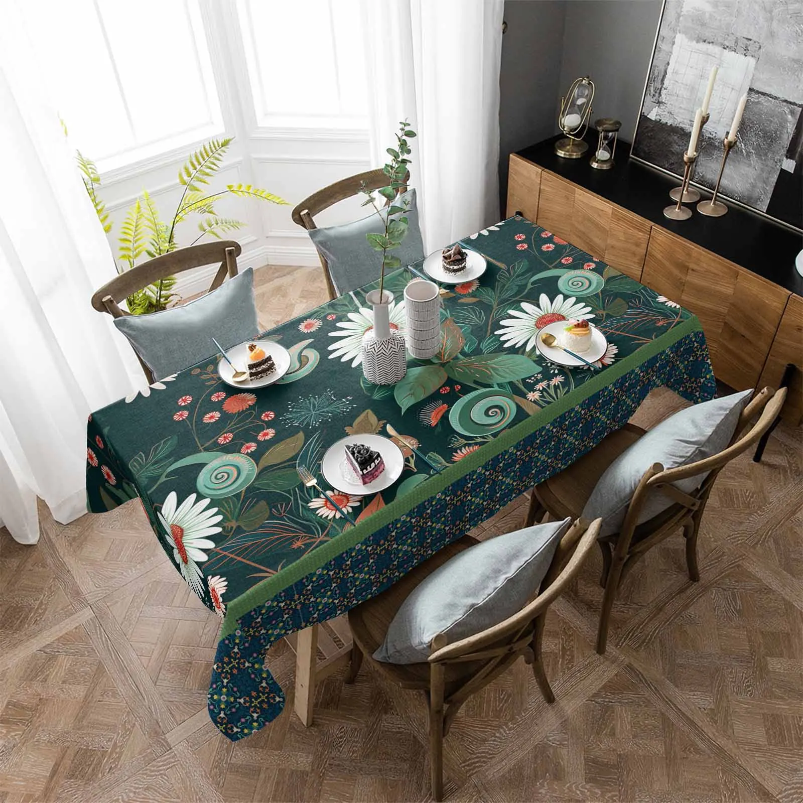 

Green Flower Plant Retro Waterproof Tablecloth Party Decorations Supplies Rectangle Table Cloth for Kitchen Table Decor