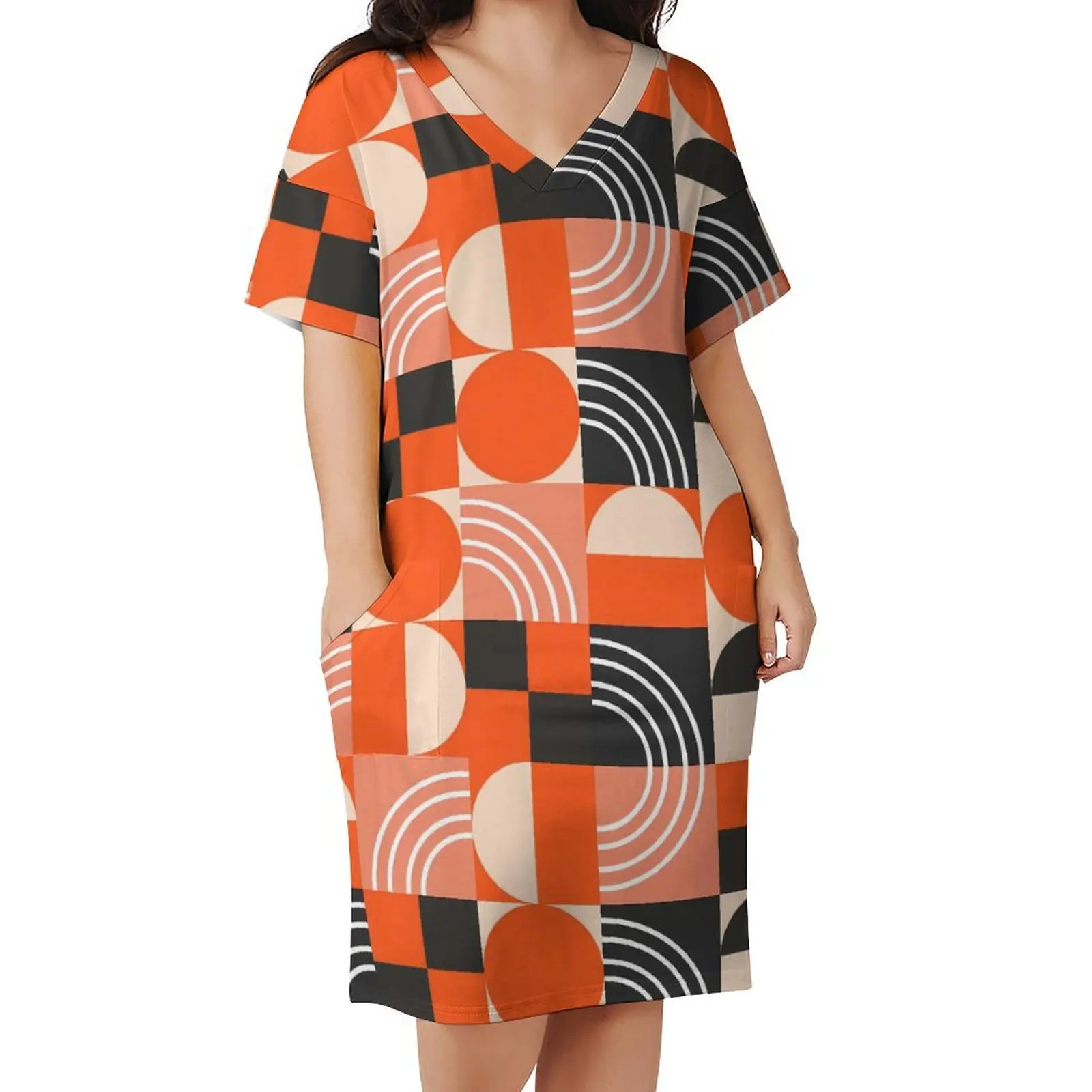 

Bright Color Block Casual Dress Woman Geometric Sexy Dresses Summer V Neck Basic Design Dress Big Size 5XL