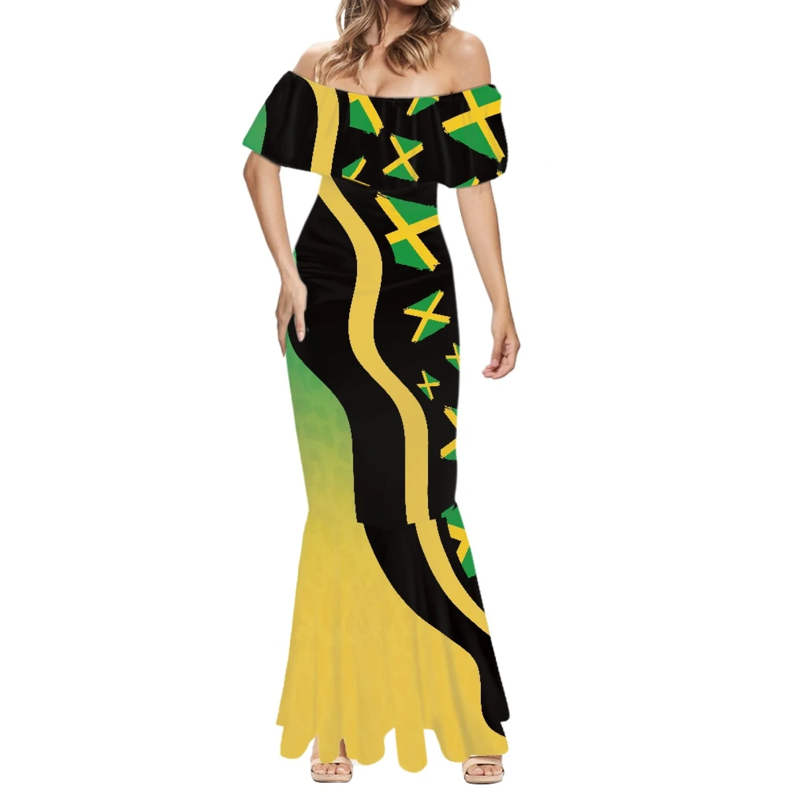 Lady Off-The-Shoulder Long Skirt With Big Front Jamaica Flag Print Men\'s Puff Sleeves Chiffon Top Valentine\'s Day Lover Clothes