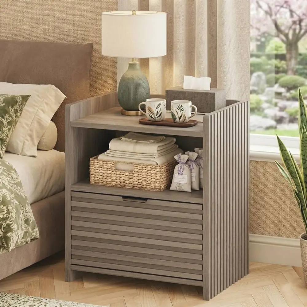 

Grey Fluted Wood Nightstand with Drawer, Modern Bedside Table for Bedroom and Living Room (Greige Oak Finish) nightstand