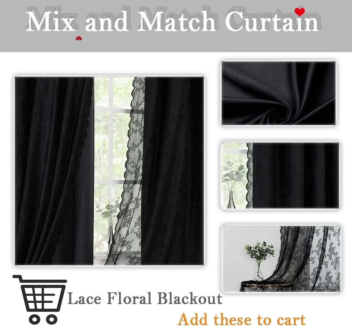 Lotusolution gorden hitam untuk ruang tamu, Set 4 inci gorden tipis renda, gorden Blackout lapisan ganda panjang 95 inci