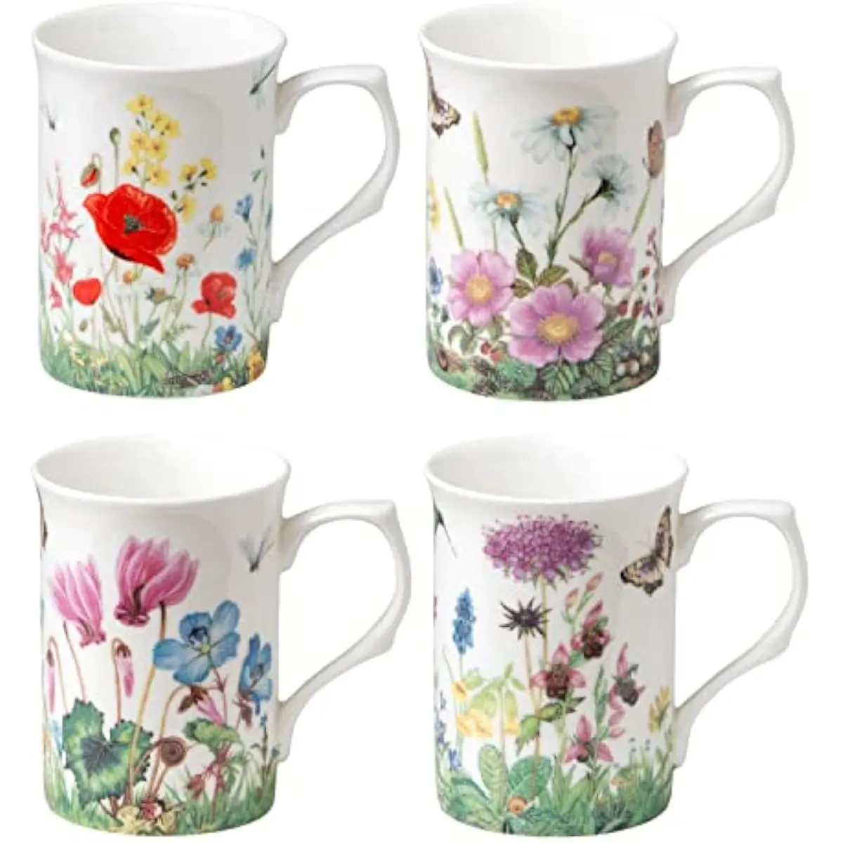 Bone China Mugs Set 4 Pieces 9 oz Capacity Microwave Dishwasher Safe Multicolor Floral Patterns Elegant Thin-Wall Ceramic Drinkw