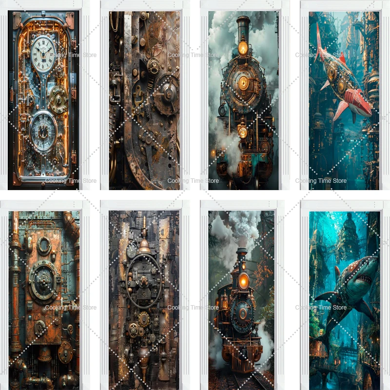 

3D steampunk door stickers Peel and Stick Mechanical animal door wallpaper vinyl waterproof sticker for living room decor Decals