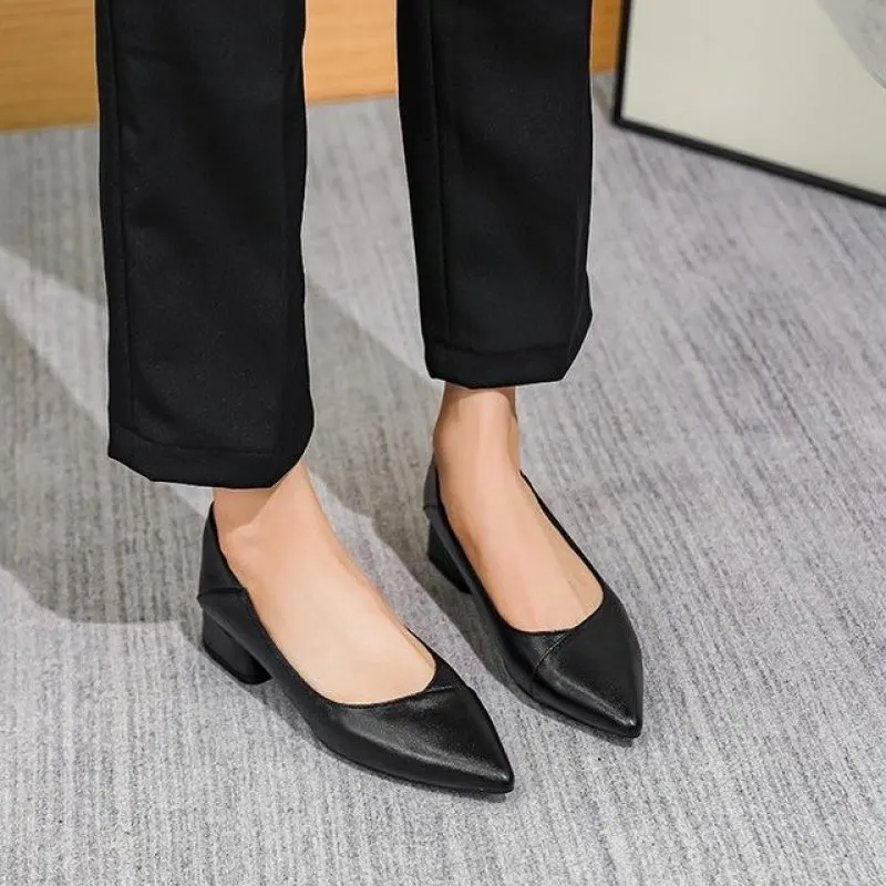 

Pumps Women Shoes Shallow Chunky Heeled Pointed Toe Ladies Shoe Platform Soft Leather Slip on Women's Fashion Dress Office Sexy