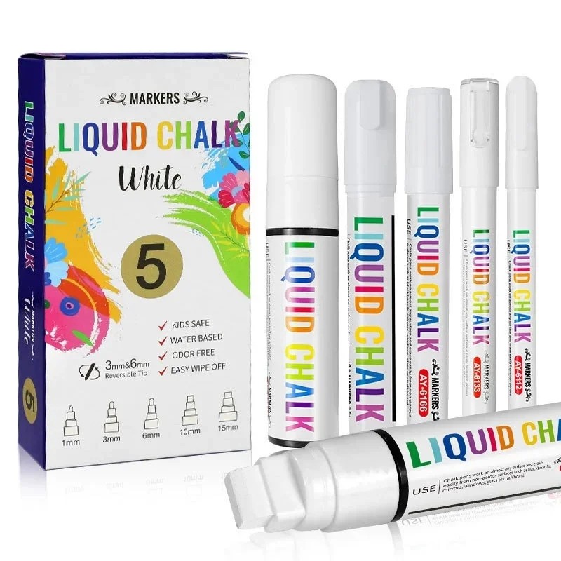 Marcador de giz líquido branco, 5 peças, apagável, não tóxico, à base de água, 1-15mm para quadros negros, marcadores de janelas