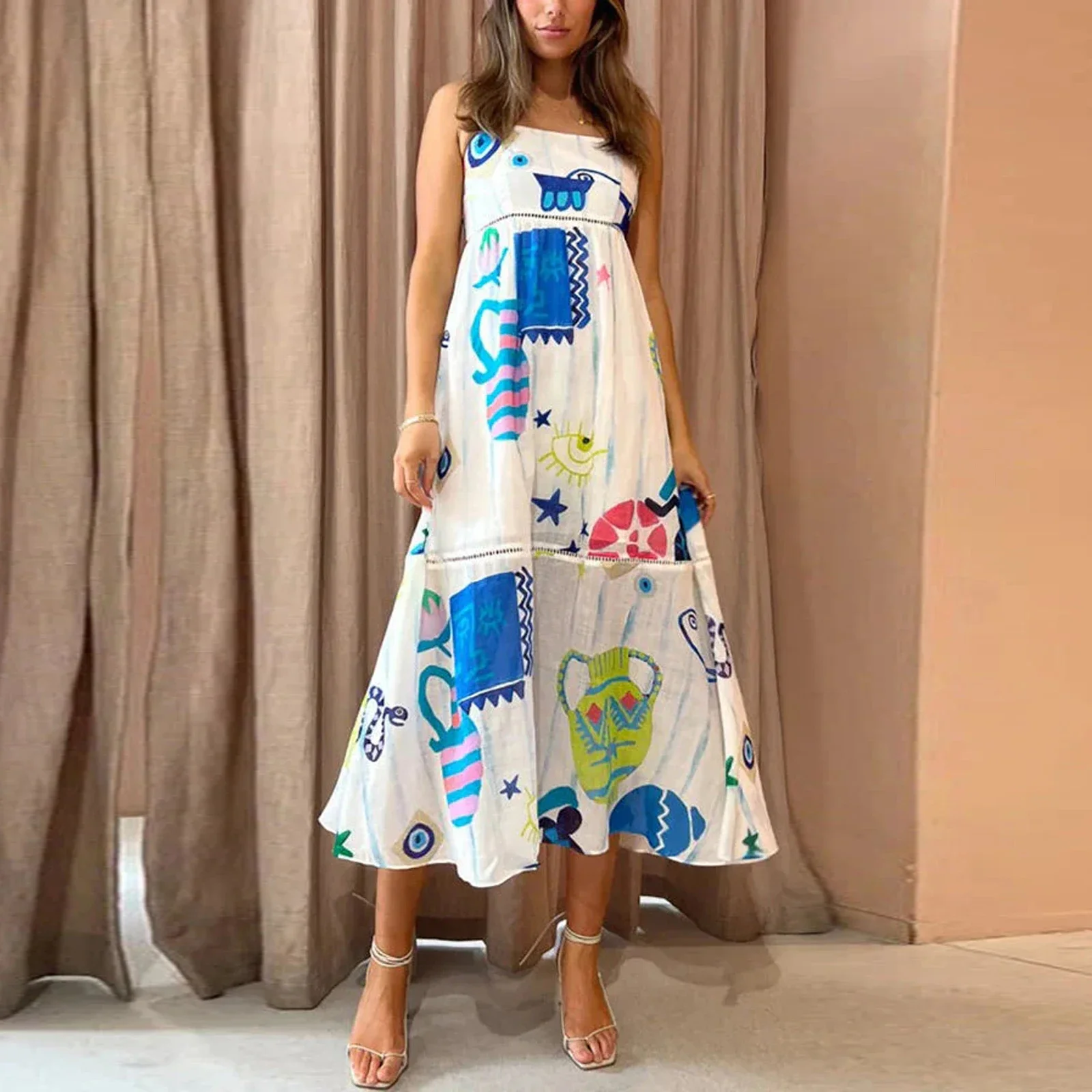 

Beach Spaghetti Strap Long Dress Fashion Backless Women Slip Dress Spaghetti Straps Kettle Print Swing Summer Dress Long Dress