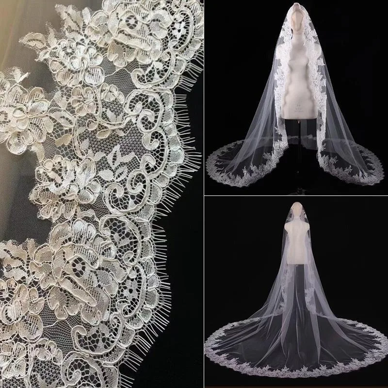 Luxurious French Vintage Lace Bridal Veil Ethereal Wedding Headpiece Studio Photo Shoot Trailing Style