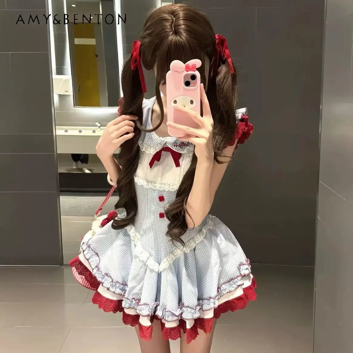 

Girls Summer New Lolita Princess Tutu Dress Toddler To Big Kid Flutter Sleeve Blue Plaid Red Lace Trim Doll Collar Mini Dress