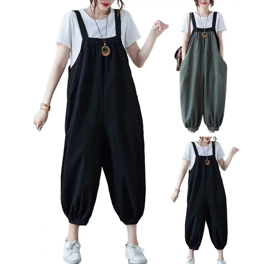 

Women Summer Rompers Square Collar Sleeveless Patchwork Color Wide Leg Overalls Female Ankle-length Harem Pants Rompers