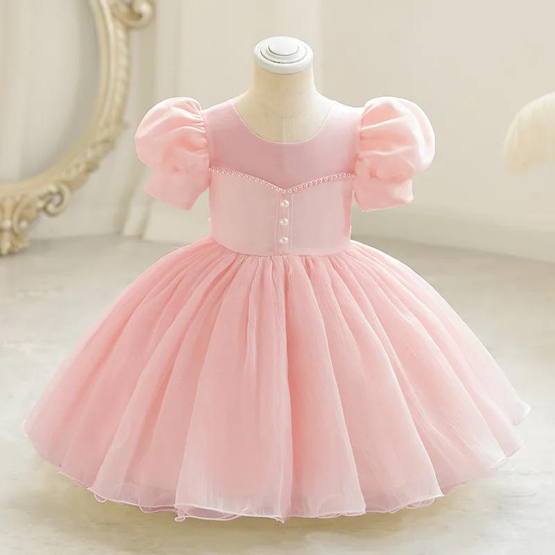 Little Girl Pearl Patchwork Bubble Sleeve Candy Colored Sweet and Cute Princess Dress Wedding Flower Children\'s Day Dress