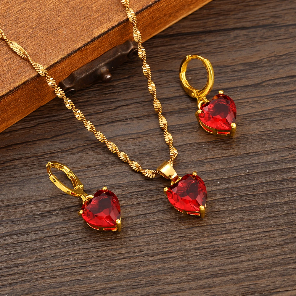 Gold Color Necklace Earring Dubai Heart Jewelry Sets Red Zircon Party Gift Charms For Women