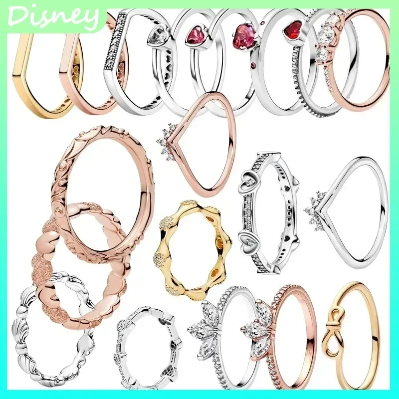 

100% 925 Sterling Silver Sparkling Shell Crown Heart D-Shaped Design Ring - Luxury DIY Bridal Charm Fine Jewelry Gift for Girls