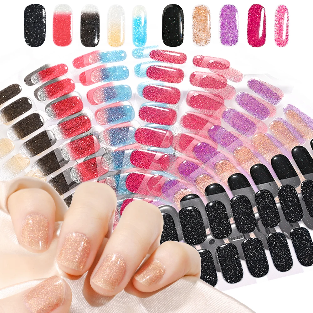 16Tips UV Semi-Cured Gel Nail Art Stickers Glitter High-Gloss Water-Proof Polish Wraps Full Cover Manicure Press On Nails Patch