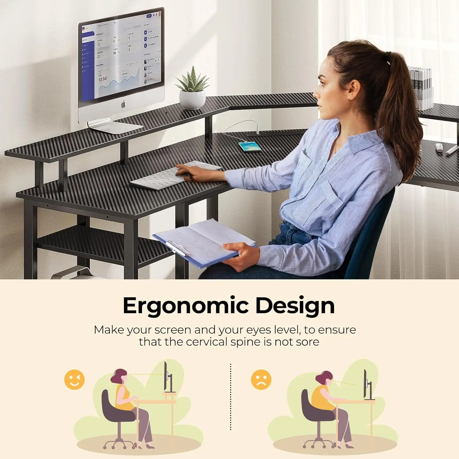 L Shaped Gaming Desk with LED Lights Power Outlets, 56" Computer Desk with Full Monitor Stand & Storage Shelf, Corner Desk