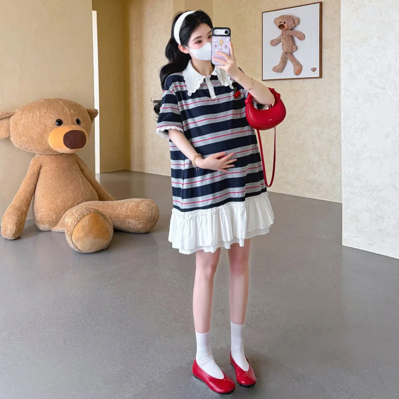Maternity Dress Summer 2026 Lace Peter Pan Collar Striped Short Sleeve Dress Ruffle Hem For Pregnant Women Casual