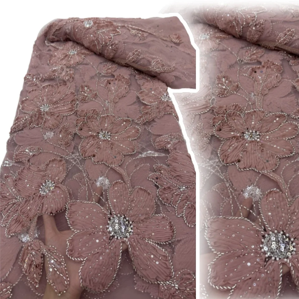 

Pink French Tulle Sequins Lace Fabric 2025 High Quality 3D Flower Embroidery African Lace Fabric for Wedding Dresses AH1215