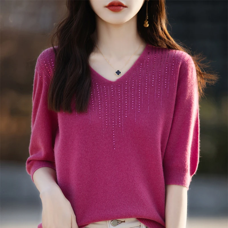 Spring/summer 2024 Women's Sweater v-neck diamond-encrusted jumper Korean fashion sweater yk2clothes